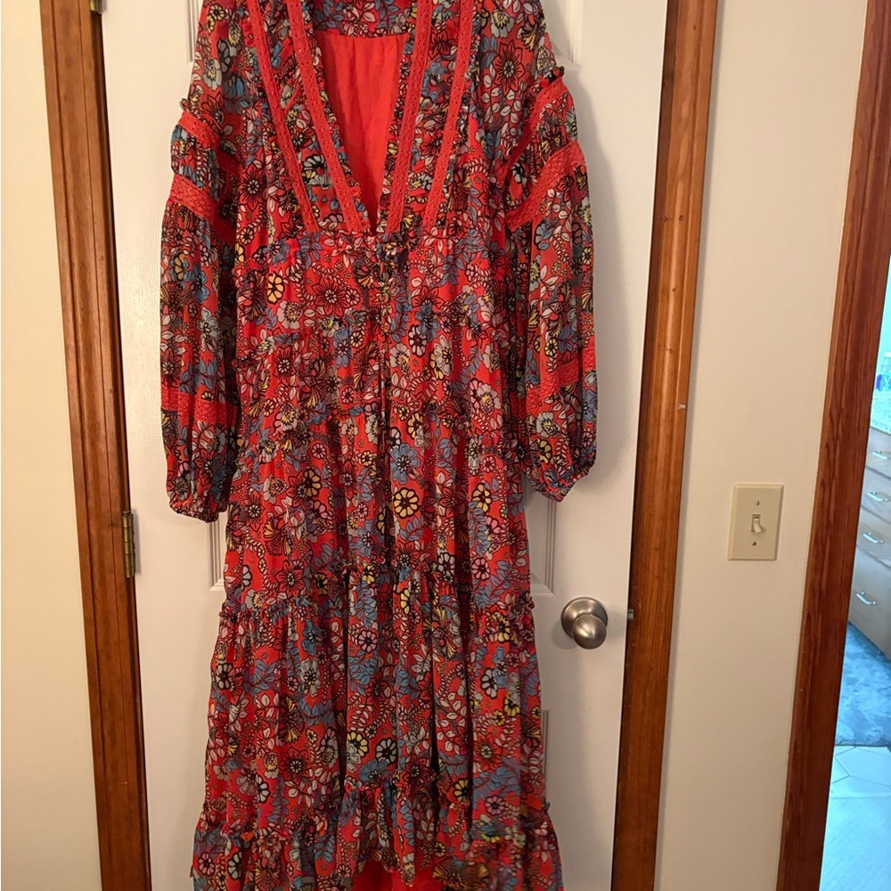 Free People Vibrant Red and Blue Long Sleeve Dress